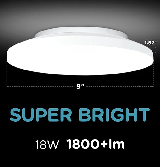Flush Mount LED Ceiling Light Wired, 9 Inch 18W, 5 CCT 2700/3000/3500/4000/5000K, Brightness Settable 1800LM Surface Mount Closet Light for Stair Hallway Laundry Porch, White