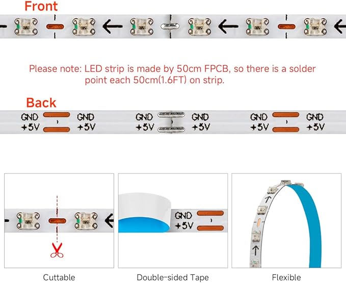 BTF-LIGHTING WS2812B IC RGB 2.7mm Ultra Narrow LED Strip 0807SMD DC12V Individually Addressable 16.4FT 160Pixels/m 800LED Dream Color Tape Light for Home DIY Decoration IP30 (No Adapter or Controller)