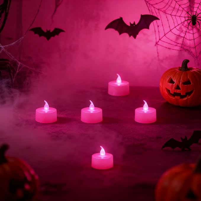 KOABY 24 Pack Pink Light Non-Flickering Flameless Tea Lights, Pink Base, Last 100H+, Battery Operated Tea Lights for Decor