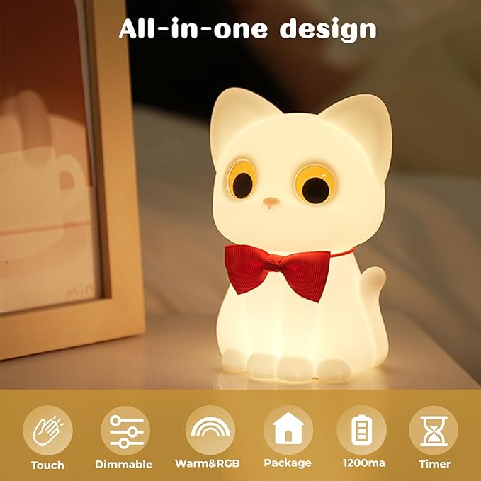 AVEKI Cat Night Light for Kids, Cute Squishy Silicone Cats Lamp for Baby Toddler Newborn Nursery, Dimmable Touch Night Light for Kids Room, Rechargeable Small Bedside Lamp Gifts for Girls (Cat)