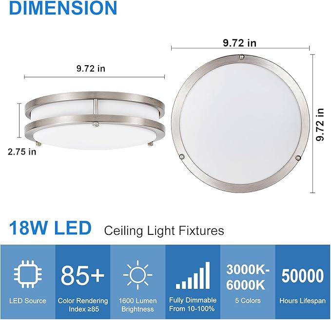 DLLT Flush Mount LED Ceiling Light: 10 Inch 5CCT (3000K-6000K) & Dimmable Ceiling Light Fixtures for Bedroom Hallway - 18W Modern Brushed Nickel 1600LM Super Bright Kitchen Lighting Fixtures Ceiling