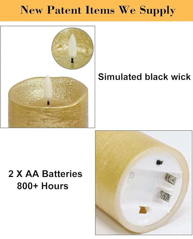 Gold Flameless Candles with Remote, Flickering Real Wax Battery Operated Candles with Timer, Set of 3 LED Pillar Candlesfor Home Room Decor Christmas Decoration