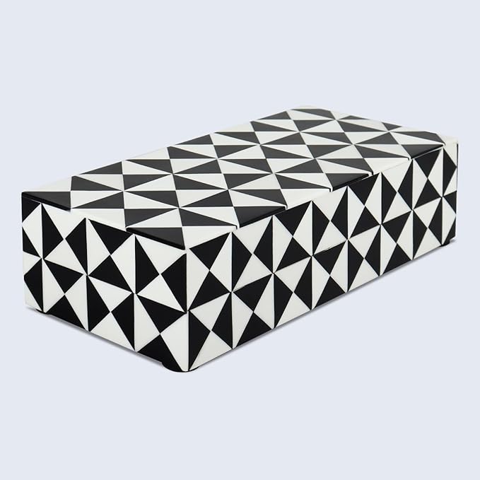 Handicrafts Home Decorative Storage Box with Lid, Black and White Decorative Box for Remote Controls, Coffee Table Storage Organizer, Keepsake Box for Living Room, Shelf & Hallway Decor, 10x4.5x2.5