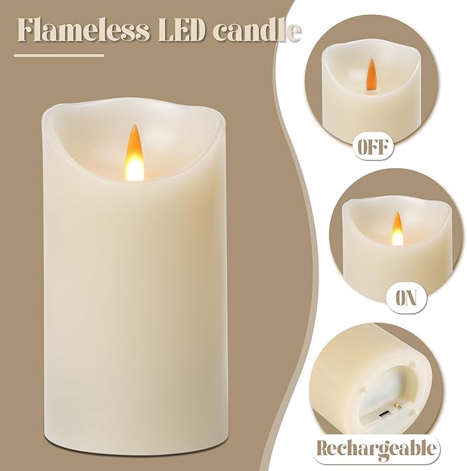 Rechargeable LED Flameless Pillar Candles, Ivory Real Wax Flickering Candles with Remote & 2/4/6/8H Timer, USB Rechargeable LED Candles for Home & Outdoor Decor (Set of 2)