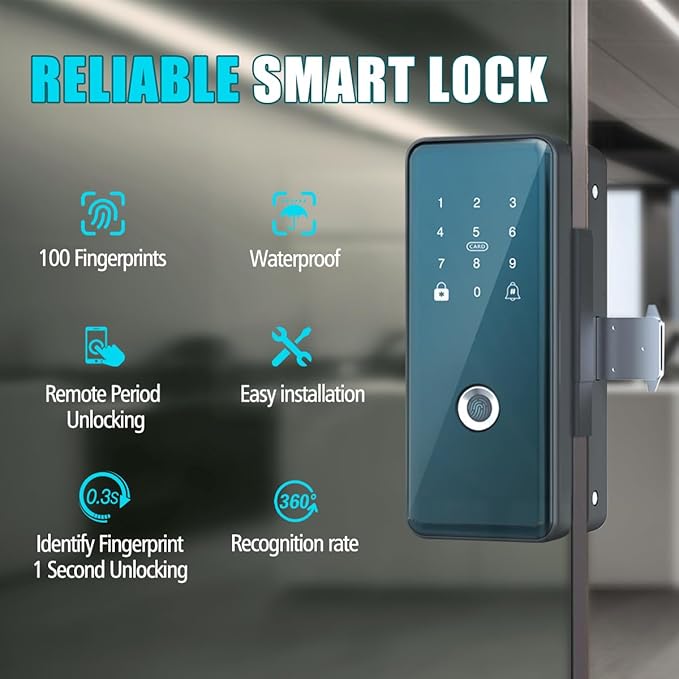 Sliding Swing Door Smart Lock for Glass Door Keyless Entry Digital Door Locks, Fingerprint/APP/Password/Card/Key Five in One WiFi Lock for Office,Home,Hotel,Apartment