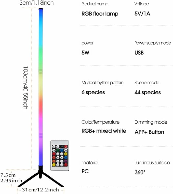 RGB LED Corner Floor Lamp，DIY Floor Lamp with Music Sync and 16 Million Colors, 15 Dynamic Modes, App & Remote Control,Standingl Corner Changing Ambience Light, for Living Bedroom Room Gaming Room