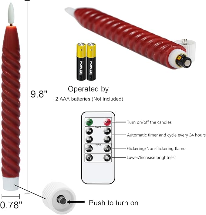 Red Flameless Taper Candles Flickering with Remote Timer, 3D Wick LED Spiral Candlesticks Battery Operated 6 Pack Real Wax Party Christmas Home Decor(0.78 X 9.8 Inchs)