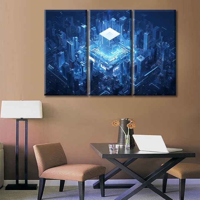 Framed Wall Art AI Advanced Circuitry Painting Canvas Wall Art Smart City Posters Wall Decor for Bedroom CPU Concept Home Decor Giclee Print Gallery Packaging Artwork (42" Wx28 H)