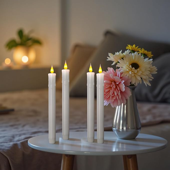 Flameless White Taper Candles with Remote Control, Battery-Operated LED Warm Light 3D Wick Lamp Window Decor Candles, 6-Pack, Christmas Home Decor, Wedding Decorations.