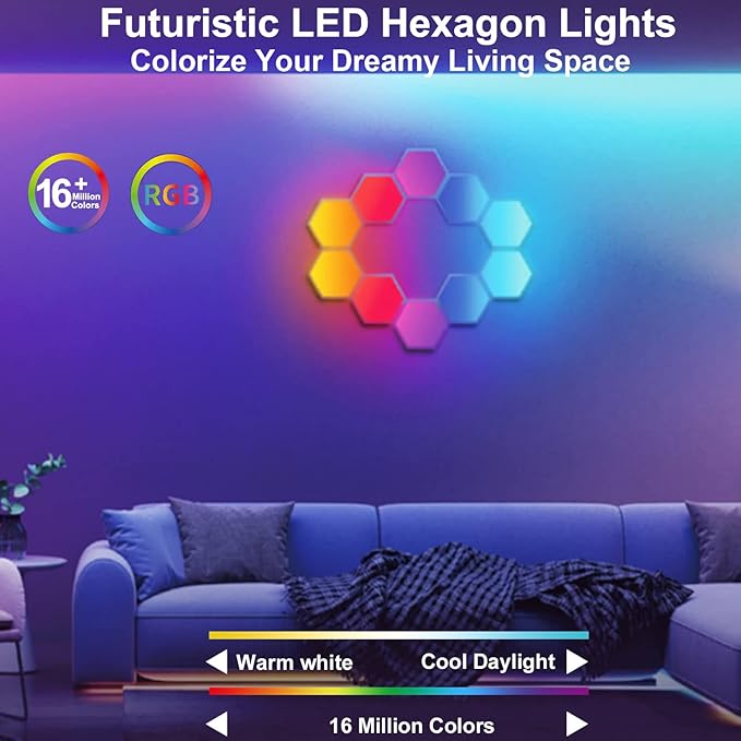 Gaming LED Hexagon Lights, Smart Hexagon Wall Lights App and Remote Control, LED Light Panels for Wall Music Sync, DIY Geometry RGB Gaming Room Decor for Living Bedroom Streaming, 7 Panels
