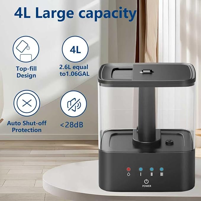 KZF 4L Top Fill Humidifiers for Bedroom & 60H Runtime - Cool Mist Humidifier, 3 Mist Levels, 8H Timer, Essential Oil Tray, Humidity Display, Quiet for Bedroom, Baby, Plants, Large Room (Black, 3.8L)