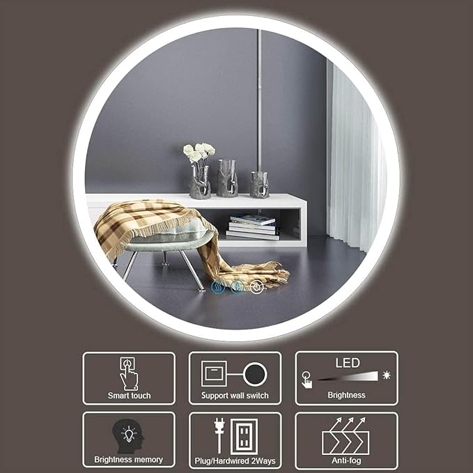 24 Inch Round Lighted Vanity Mirror with Lights Smart Memory Anti-Fog Adjustable Brightness 3 Color Backlight 24" Frameless LED Circle Round Backlit Mirror for Bathroom Hotle Wall Mounted