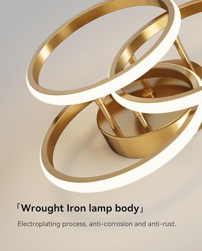Dimmable LED Semi Flush Mount Ceiling Light Fixture with Remote Control 3-Color Dimming Circle Modern Chandelier, Close to Ceiling Bedroom Kitchen Hallways Balcony Corridor Lamp (15in- 3 Ring Gold)