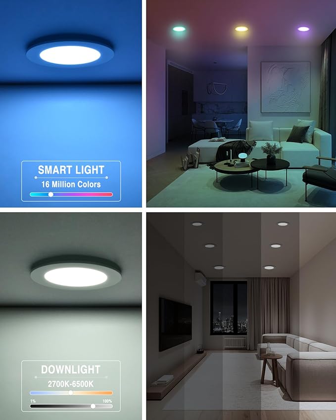 6Pack 6Inch Smart LED RGB Recessed Lighting, Color Changing Canless Downlight, 2700K-6500K, 2.4GHz Wi-Fi & Bluetooth, 12W 1200lm, Works with Tuya App, Alexa & Google Assistant, Gateway Included