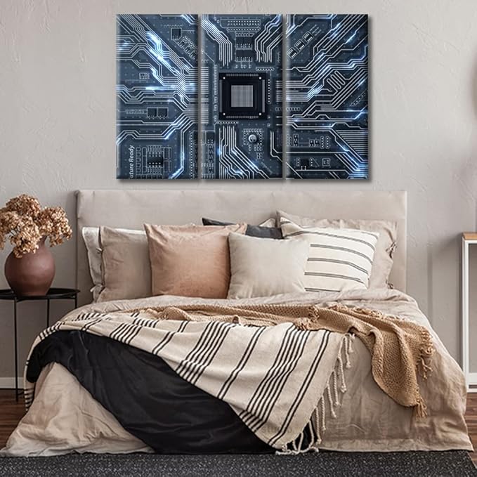 TUMOVO 3 Piece Motherboard Digital Chip Black and White Wall Art Circuit Board Poster Artwork Wall Decor for Bedroom CPU Concept Wall Art Framed Ready to Hang (42" Wx28 H)