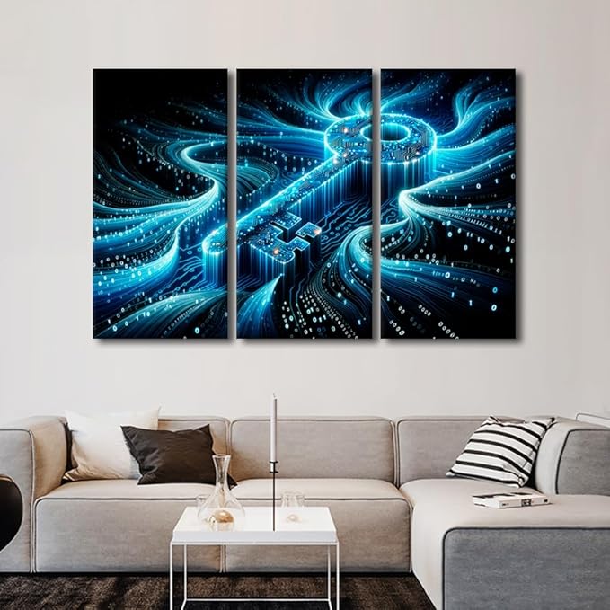 TUMOVO 3 Piece Canvas Wall Art Abstract Cyber Security Concept with Key and Binary Code Posters and Prints, Concepts Artwork for Living Room Wall Decoration, Ready to Hang, 60" Wx40 H