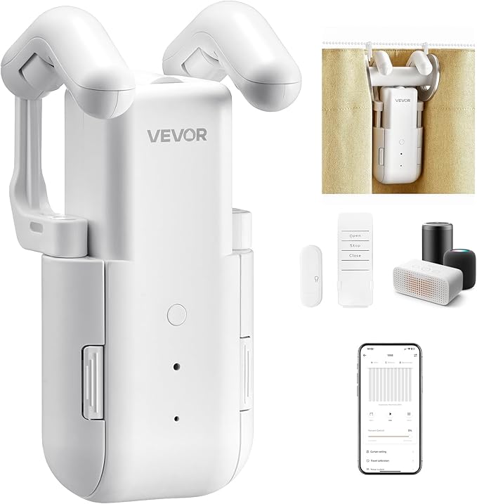 VEVOR Automatic Curtain Opener, APP and Remote Control, Hub Included, Electric Smart Curtain Opener Compatible with Alexa and Google Home, Timed Opening and Closing, Silent Mode, for Roman Rods