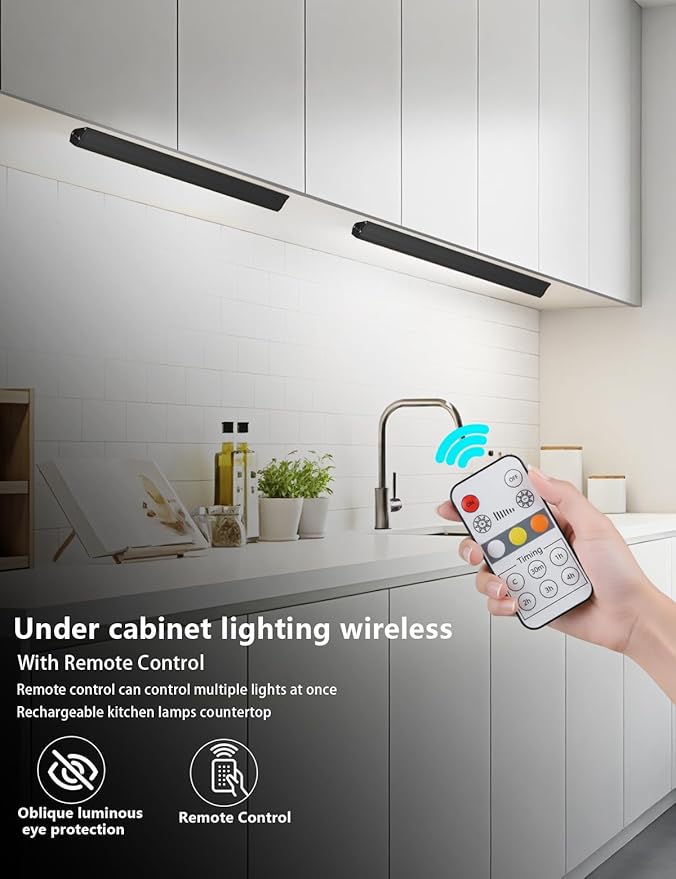 Under Cabinet Lighting Wireless, 2400mAh Rechargeable Cabinet Light, Battery Operated, Magnetic, Stick on, 106 LED 3-Color Shelf Lights, dimmable, with Remote Control(Black, 2-Pack, 12.2 inch
