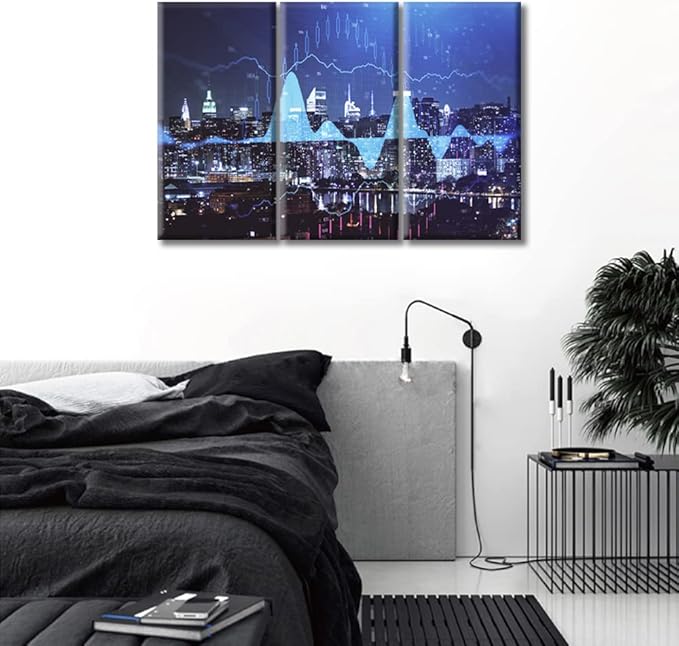 TUMOVO Black and White Wall Art Forex Chart Drawings Over Cityscape 3 Panels Cityscape at Night Background Wall Decor for Bedroom Framed Ready to Hang (36" Wx24 H)