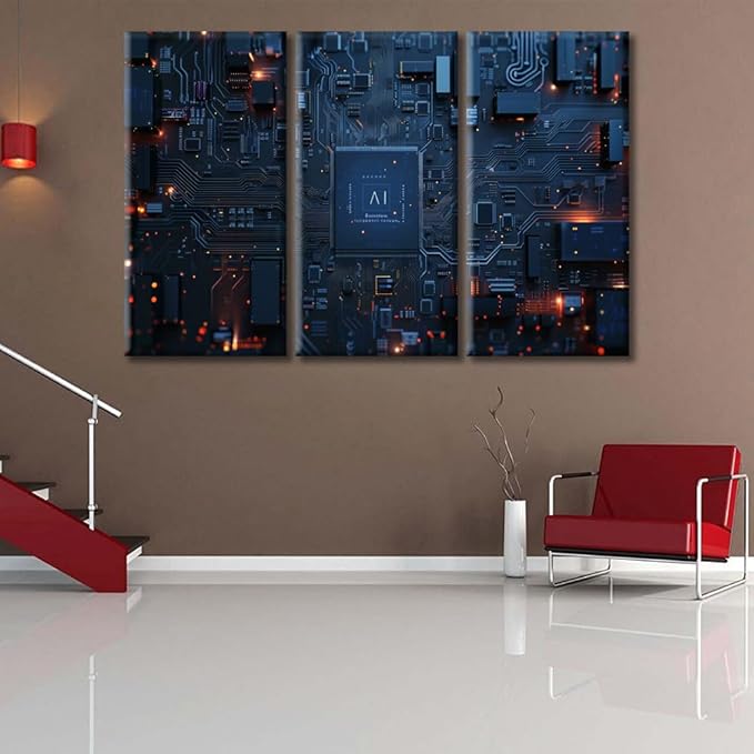 Blue Neon Computer Motherboard Art Work for Home Wall Chip Posters & Prints Painting Pictures Canvas Artwork Home Decorations for Living Room Bedroom Giclee Framed Ready to Hang 60"Wx40"H