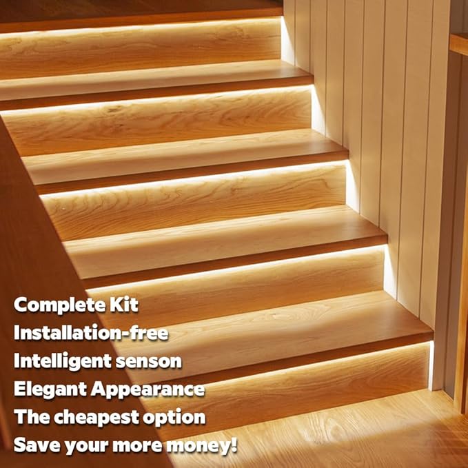 ES32 Motion Sensor Step Lights Indoor 3000K Warm White Linear COB LED Strip for 4ft Cuttable Stairs, 20 Stair Controllable Tread Light Strips (Complete Kit Items) (3000k)