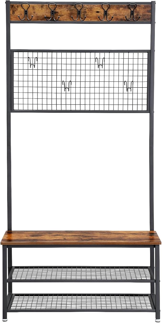 VASAGLE Industrial Coat Rack Stand, Shoe Rack Bench with Grid Memo Board, 9 Hooks and Storage Shelves, Hall Tree with Stable Metal Frame, Rustic Brown UHSR46BX