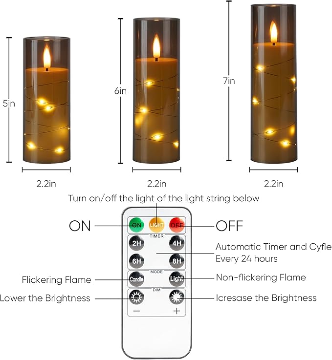 Homemory 12Pcs Flameless Candles with Star String Fairy Lights, Flickering Battery Operated Candles, LED Fake Candles with Remote and Timer, Halloween, Weddings, Home Decor, Grey