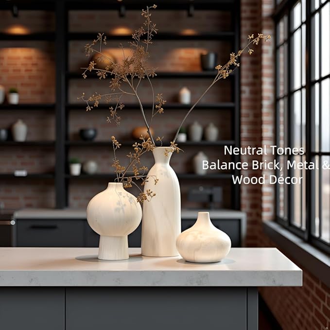 White Ceramic Vase Set of 3 in Beige, Modern Aesthetic Stone-Look Textured Pottery Vases for Shelf & Bookshelf Home Decor, Neutral Minimalist Decorative Vases for Flowers & Pampas Grass