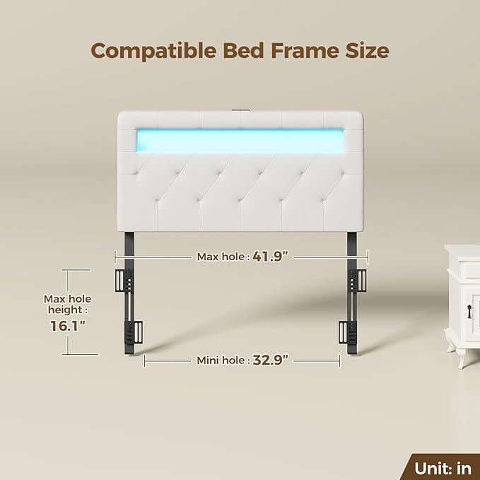 GREENSTELL Headboard for Twin Size Bed with 60,000 DIY Color of LED Light, USB & Type C Post, Upholstered, Height Adjustable, Sturdy, Easy Assembly, Wall Mounted Head Boards Only, White