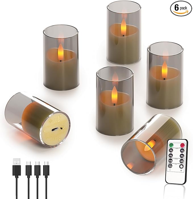 Rechargeable Small Tea Light Candles, Acrylic Votive Flameless Candles 1.7" x2.5"with Remote Control and Timer, Flickering Warm LED Light, Safe for Home, Parties, and Holidays (Set of 6, Gray)