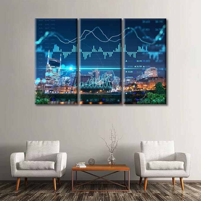 Concept of Internet Trading Brokerage and Analysis Pictures Home Decor 3 Panels Night Skyline Tennessee USA PaintingsWall Art for Bedroom, Room, Office. Print on Canvas Ready to Hang (60"Wx40"H)