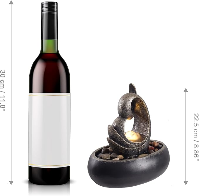 Teamson Home Tabletop Water Fountain Indoor Room Décor Sound Machine with Water Pump, Abstract Upright Sculpture with LED Light Faux Rocks, Indoor Zen for Home Office Living Room, Charcoal/Bronze