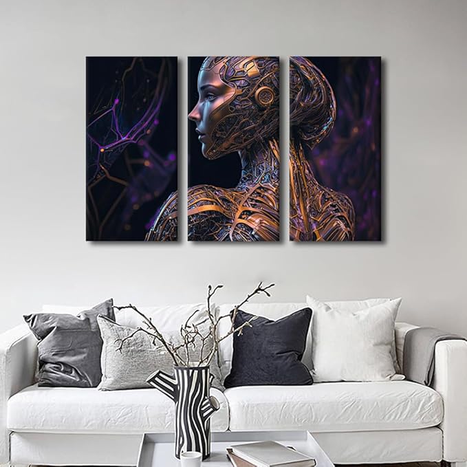 TUMOVO 3 Panel Modern Wall Art Artificial Intelligence Print on Canvas Wall Art for Living Room Bedroom Bathroom Decoration, Cyborg Artwork Stretched Framed Ready to Hang, 36" Wx24 H