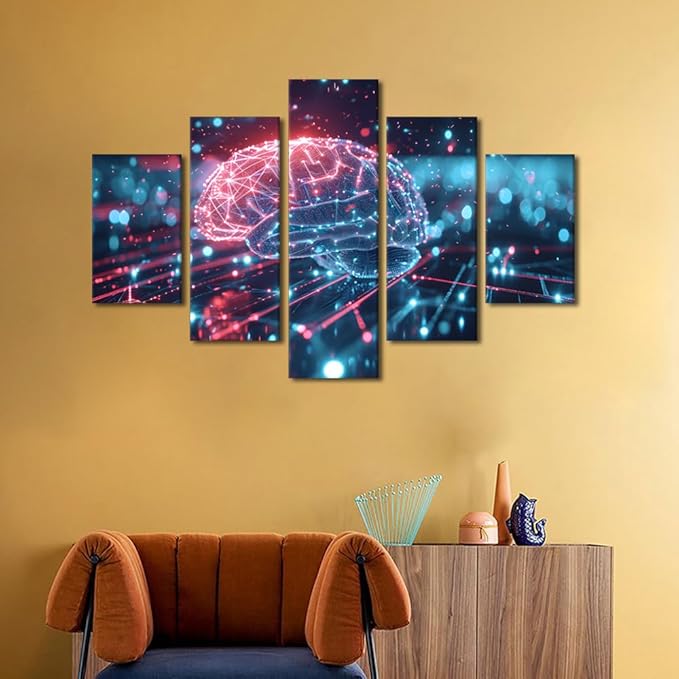5 Panel Digital Human Brain Canvas Printing Futuristic Technology Wall Art for Living Room AI Artwork Wall Art Artificial Intelligence Picture Frames Collage Wall Decor Canvas Artwork House 60"Wx40"H