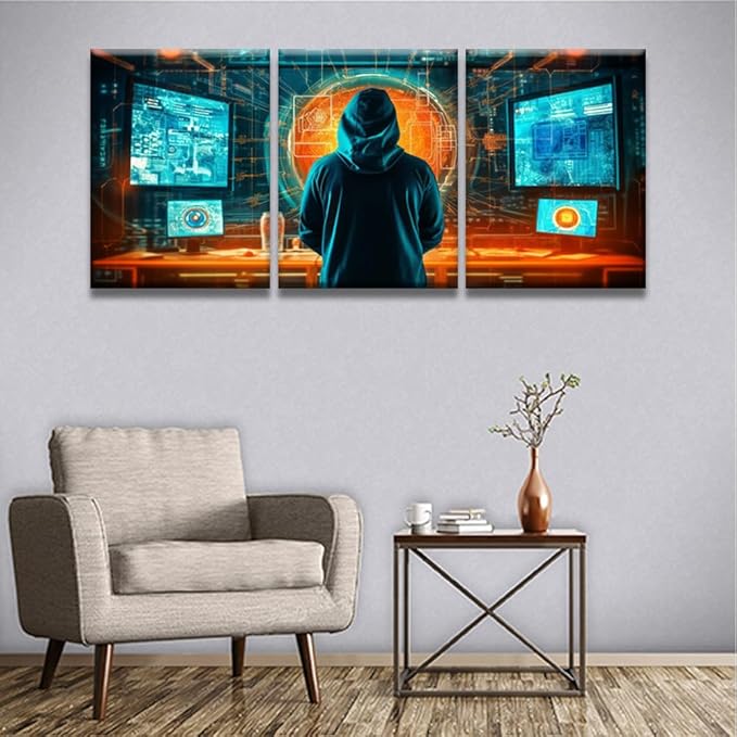 Bedroom Wall Decor 3 Panel Anonymous Hacker Standing in Server Room Print on Canvas for Living Room Bedrooms Wall Decorations, Wooden Framed Gallery-Wrapped Ready to Hang 12x16inchx3