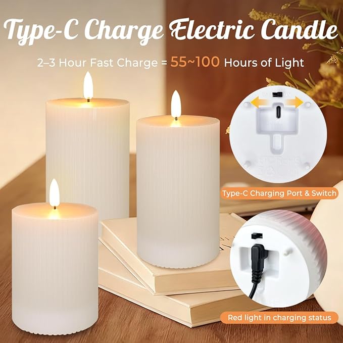 Rechargeable Flameless LED Pillar Candles–Luminous Real Wax Indoor Home Decor–Set of 3, Realistic Flickering LED Flame,Remote & Timer(Light Khaki)