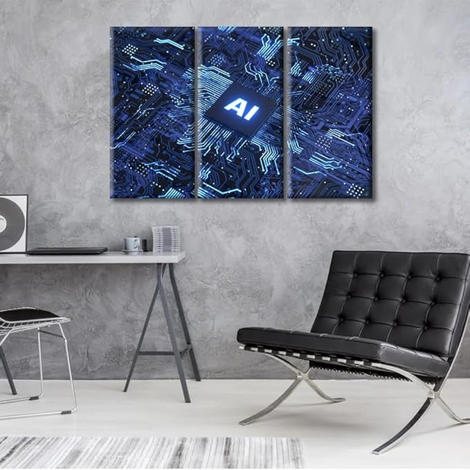 Virtual Network Wall Art 3 Pieces Artificial Intelligence Concept Canvas Art Wall Decor Chip Modern Wall Art Pictures for Living Room Artwork Paintings Giclee Framed Ready to Hang (36"Wx24"H)