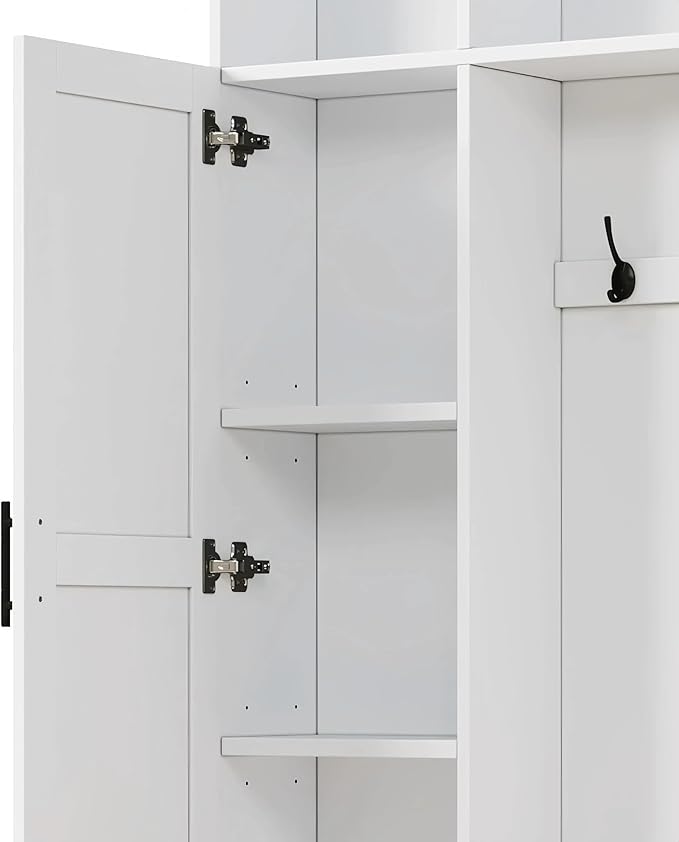 Modern 55‘’ Wide Hall Tree with 6 Hooks, Wood Brown Grain Minimalist Shoe Cabinet with Adjustable Shelves, Versatile Entryway Coat Rack for Living Room Hallway (White-11A)