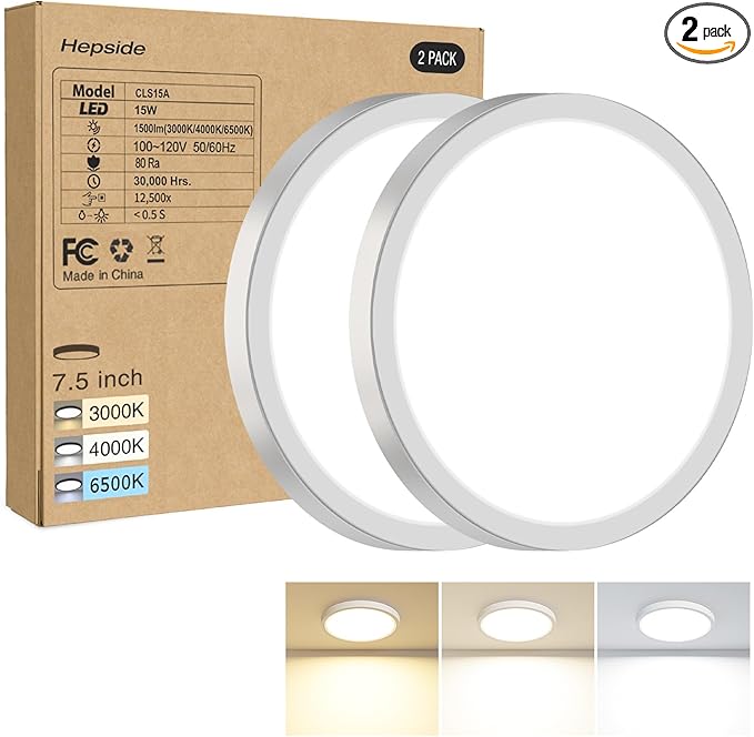 2PACK LED Flush Mount Ceiling Light, 3000K-4000K-6500K & 100W Equivalent Modern Kitchen Recessed Ceiling Lamp 15W 1500Lm 7.5 Inch for Bathroom Closet Laundry Bedroom, White
