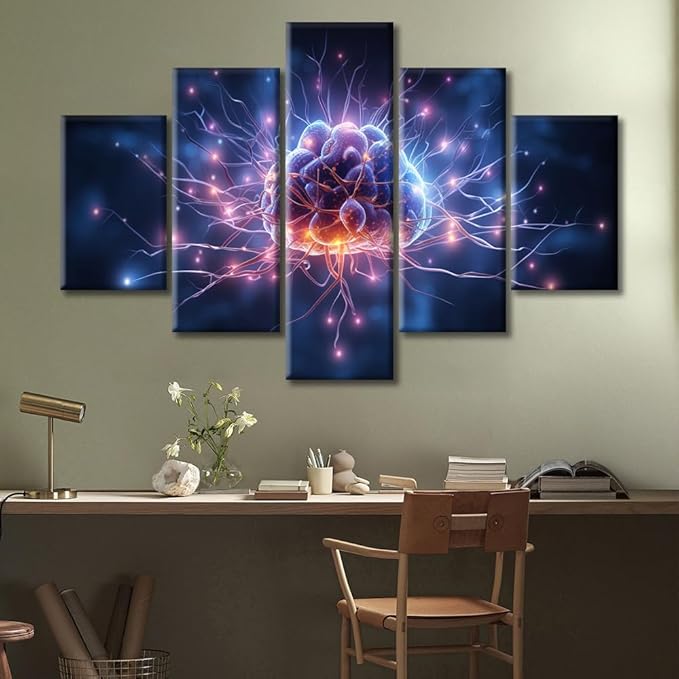 Canvas Wall Art Neural Network Wall Art for Bedroom Artificial Intelligence Concept Wall Decor Art Painting 5 Pieces Smart Brain Modern Artwork for Office Home Decor Ready to Hang (60"Wx40"H)
