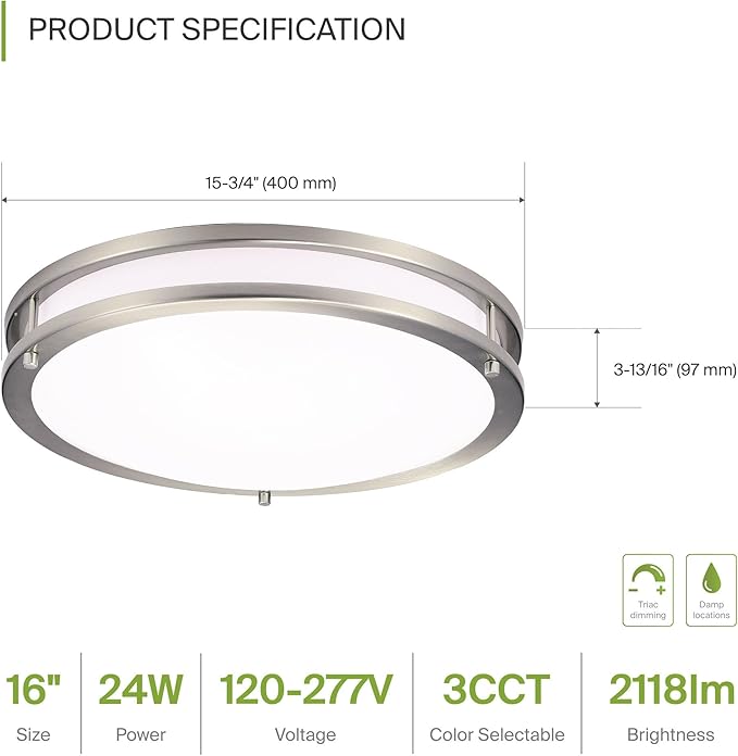 ASD LED 16" Round Flush Mount Lighting, Close to Ceiling Light Fixture | 3CCT, Dimmable, Energy Star, ETL Listed | 24W 2118LM 3000-5000K 100-277V | Low Profile Double Ring Lamp | Nickel, 4 Pack