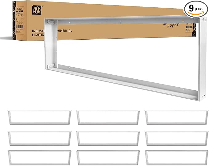 ASD 1x4 Surface Mount Frame for LED Flat Panel Light - White Aluminum Surface Mounting Bracket Kit for Drop Ceiling - Low Profile Back-Lit Panels Mount Kit, 9 Pack