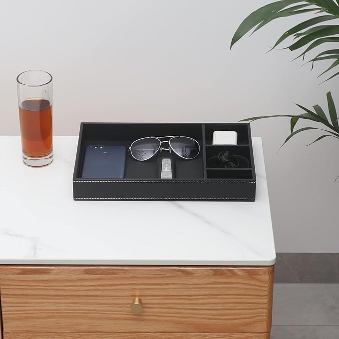 Guestroom Decoration Tray, Nightstand or Dresser Organizer, Valet Tray, 4 Compartment PU Leather Drawer Storage Organizer