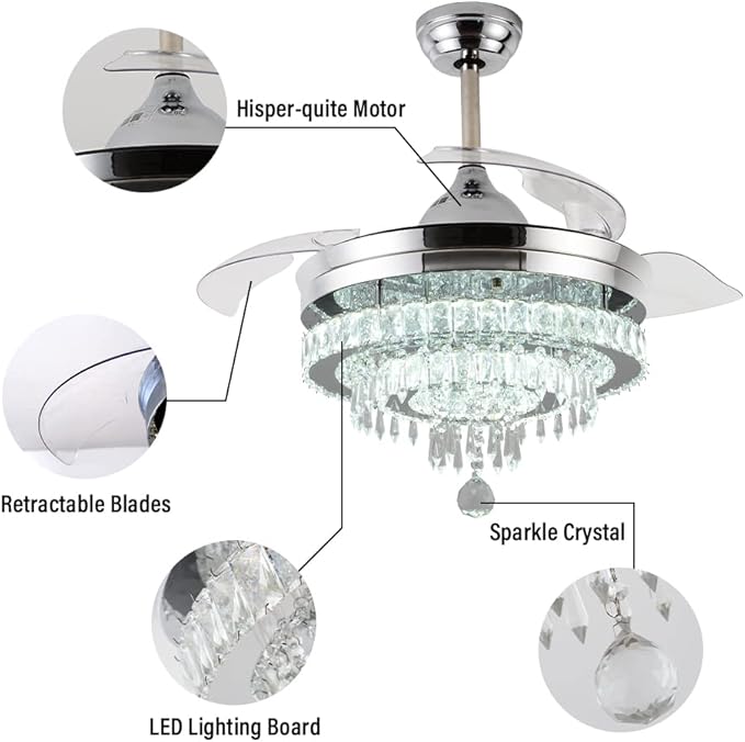 42" Dimmable Fandeliers Modern Crystal Chandeliers Ceiling Fans 6 Speeds Adjustable, with Memory and Timing Functions, APP & Remote Control Fandelier for Living Dining Room Bedroom