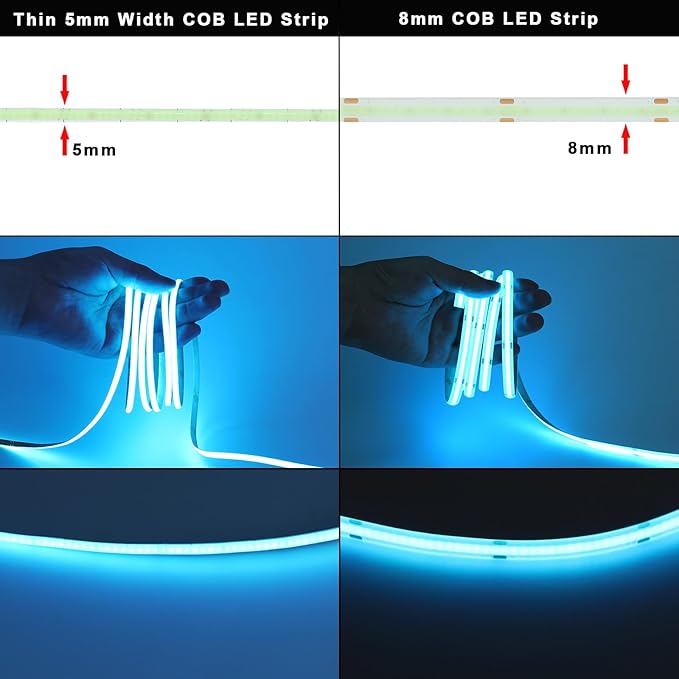 TOPAI 24V Thin 5mm ice Blue COB LED Strip 16.4ft Narrow LED Tape Light Dotless 400LEDs/M High Density Cuttable Flexible for Cabinet Home DIY Lighting Projects