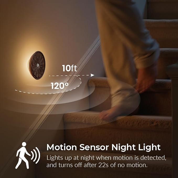Wood Flower Motion Sensor Night Light, Mini Lamp with Embossed 3D Floral Surface, Rechargeable Warm Light, Stick-On Magnetic Mount for Home Decor, Bedroom, Hallway, Stair (Round Black Walnut *1Pack)