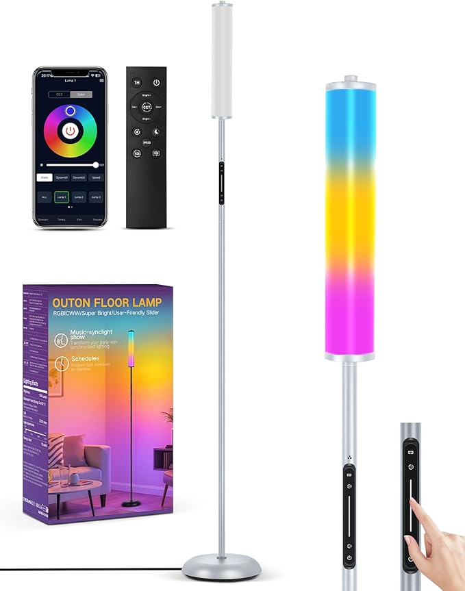 OUTON Corner Floor Lamp with Remote, Touch & App Control, RGB Color Changing Standing Lamp with 32 Modes, 360 Lighting, 3 Color Temperatures, Dimmable 66 in Tall Lamp for Living Room Bedroom,Grey