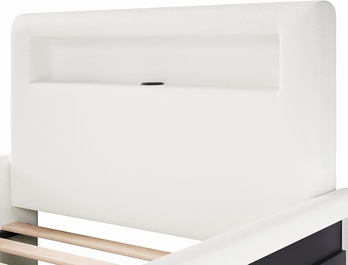 MERITLINE Twin Size Upholstered Platform Bed with Drawer, App-Controlled RGB LED Light Strip & USB Port, PU Fabric Storage Bed (White) | LED light, Storage Drawer