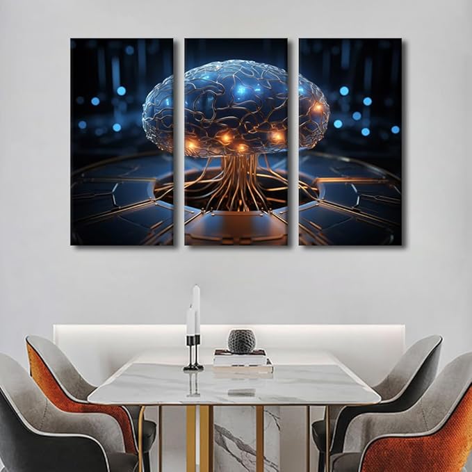 3 Pieces Robot Brain Canvas Wall Art Artificial Intelligence Pictures Print On Canvas for Wall Decoration, Modern Wall Artwork Wooden Framed Gallery-Wrapped Ready to Hang, 42" Wx28 H
