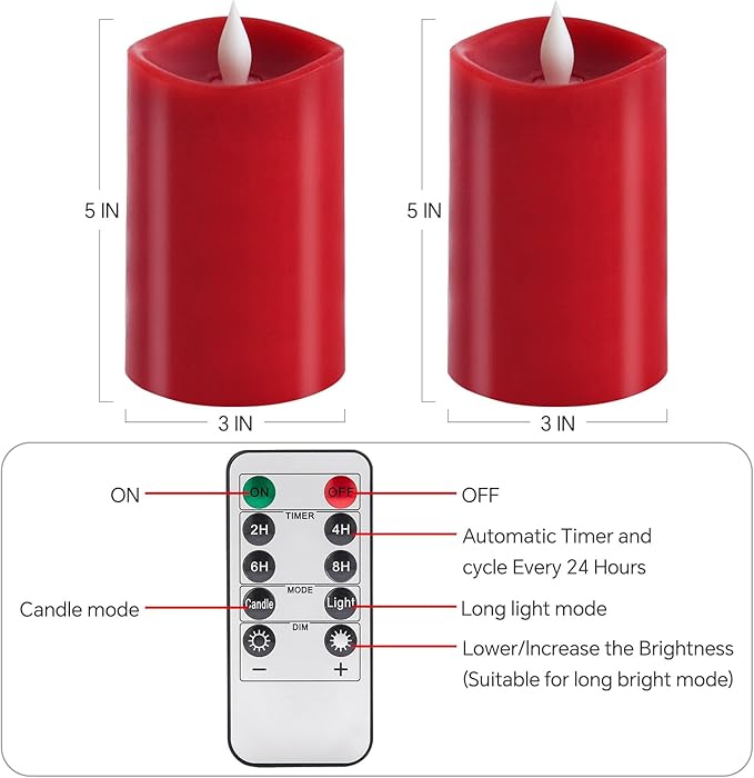 2PCS, 3 x 5 inches Flameless Candle with Remote Control, 3D Flickering Wick, Real Wax Pillar LED Candles, Battery Operated Candles,with Timer,for Holiday Home Decor, Red